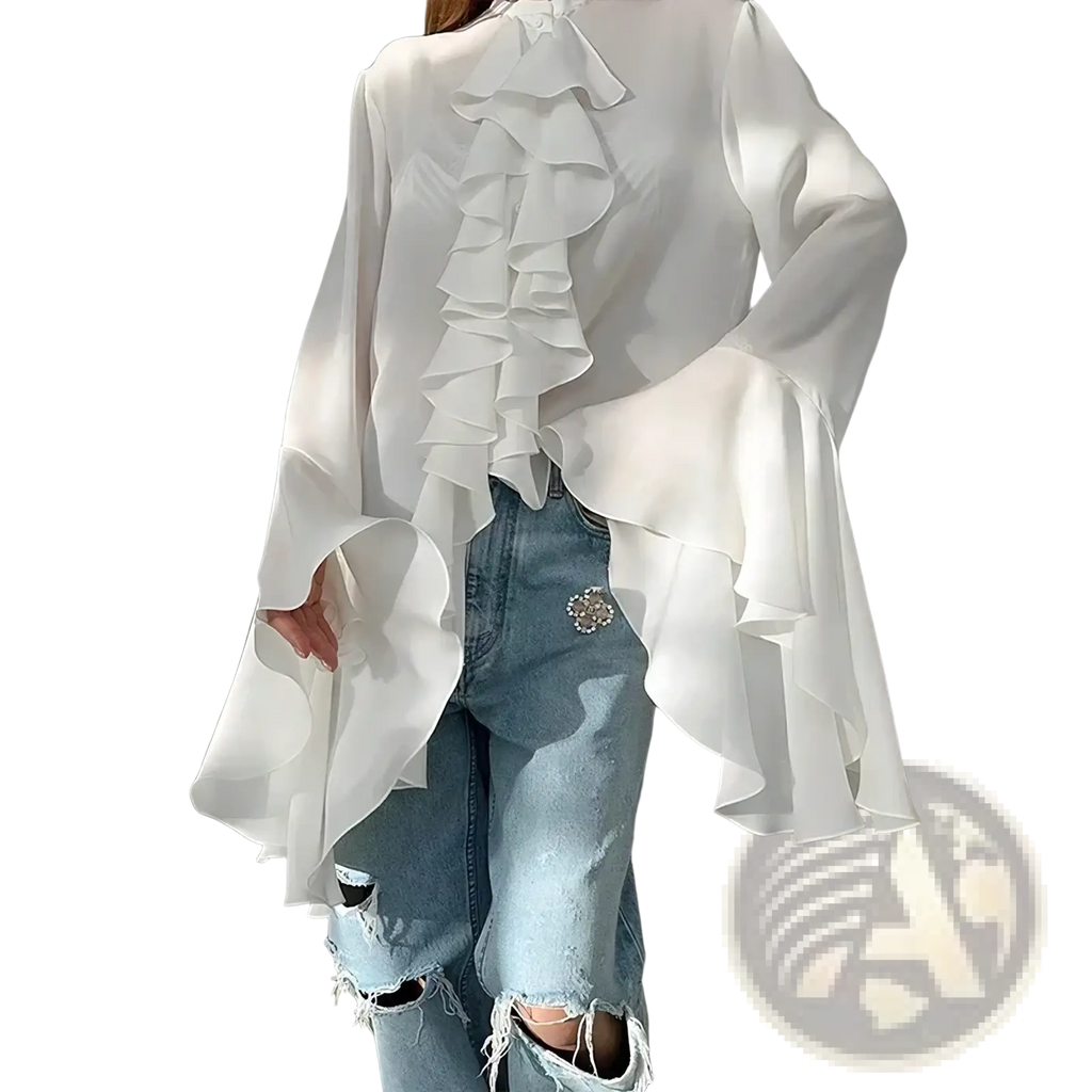 Back view of a flowing white ruffle long sleeve blouse with layered ruffles and bell sleeves for casual wear