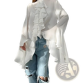 Back view of a flowing white ruffle long sleeve blouse with layered ruffles and bell sleeves for casual wear