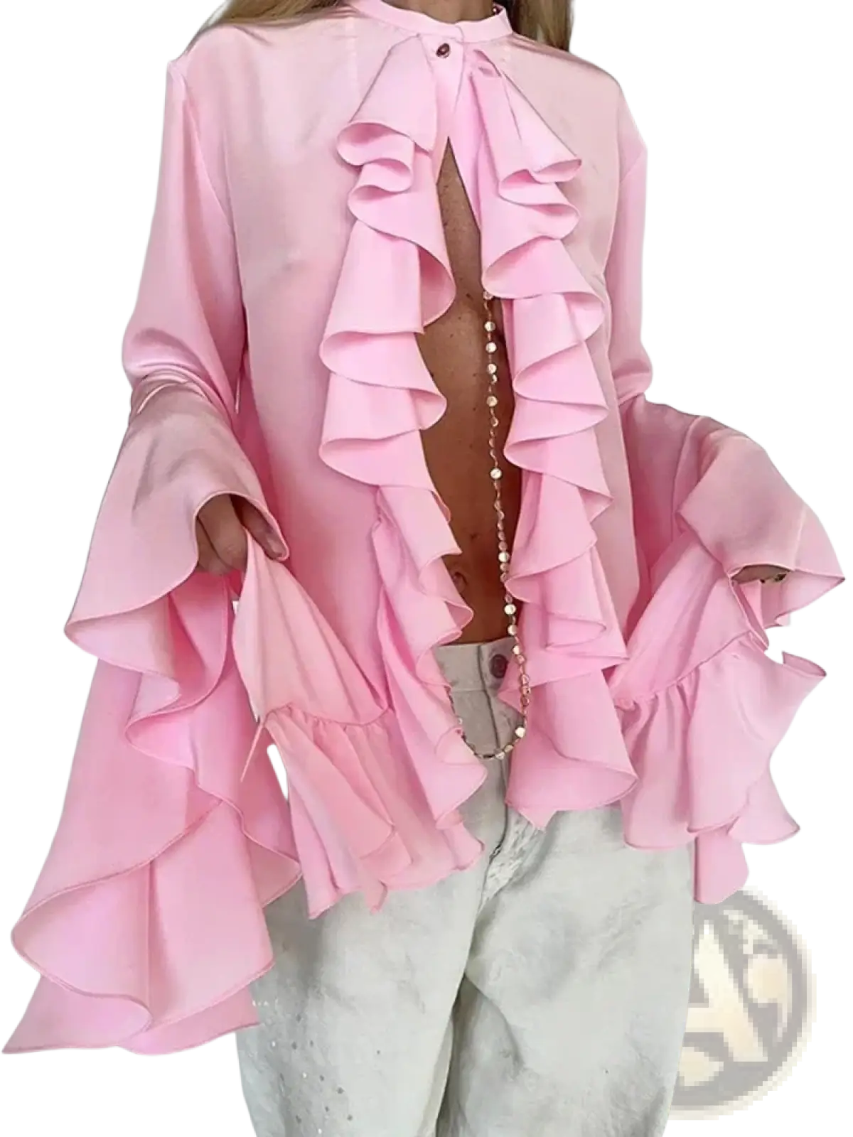 Soft pink ruffle long sleeve blouse for women showing layered ruffles on the back and sleeves in casual style