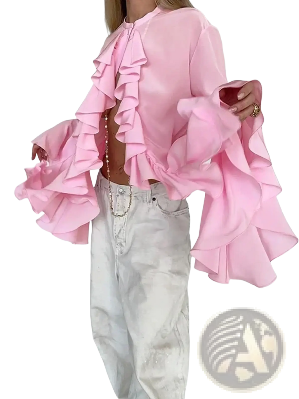 A soft pink ruffle long sleeve blouse with voluminous ruffled sleeves and matching neckline detail for casual wear