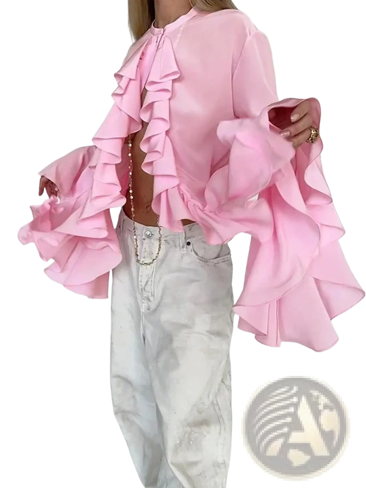 A soft pink ruffle long sleeve blouse with voluminous ruffled sleeves and matching neckline detail for casual wear