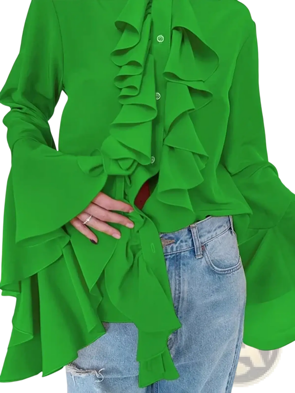 Vibrant green ruffle long sleeve blouse for women with bell sleeves and button front casual shirt design