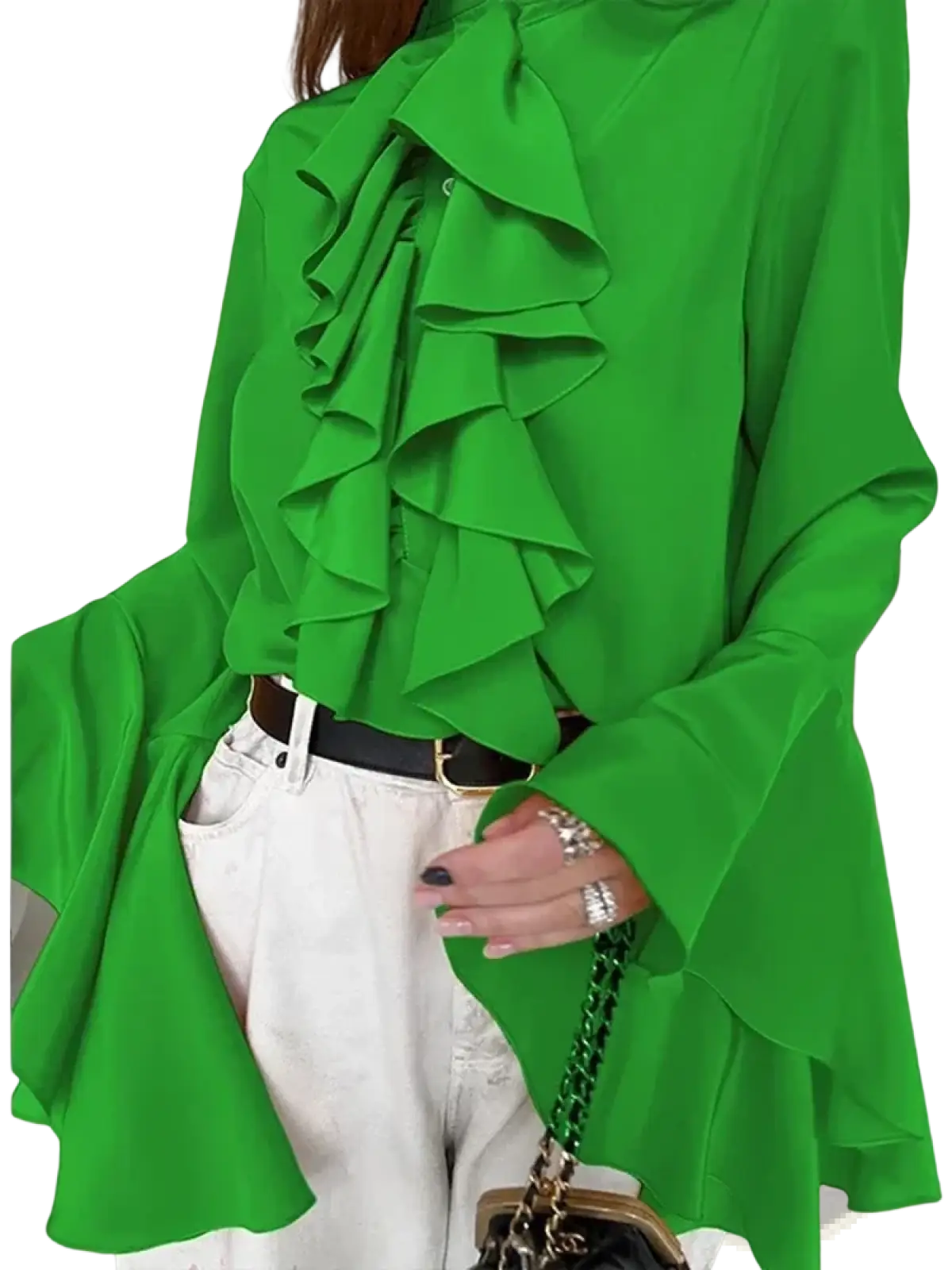 Vibrant green ruffle long sleeve blouse with flowing bell sleeves and high neckline for casual women shirt