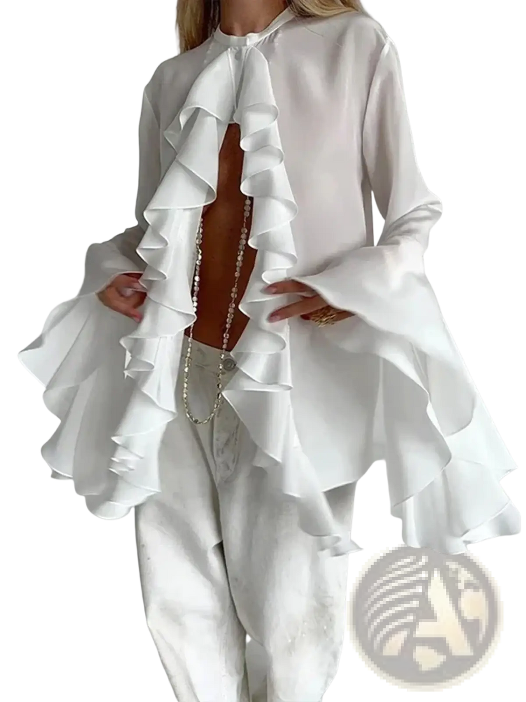 White ruffle long sleeve blouse with high neckline for women casual wear made of lightweight fabric