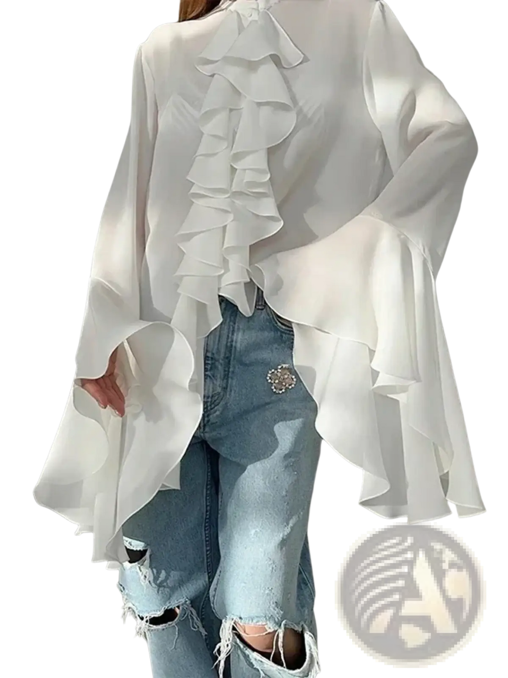 White sheer ruffle long sleeve blouse with layered ruffles and bell sleeves casual shirt for women