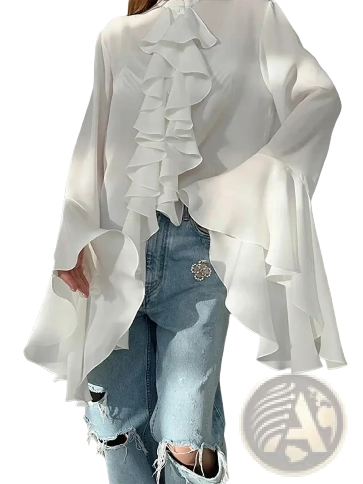 White sheer ruffle long sleeve blouse with layered ruffles and bell sleeves casual shirt for women