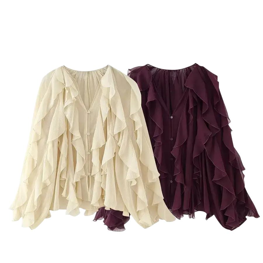 Cream and burgundy ruffle shirt long sleeve chiffon cardigans with button closures for elegant layering