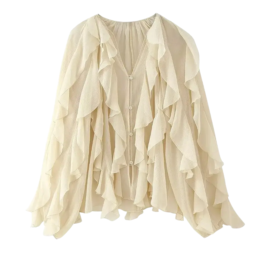 Cream-colored lightweight chiffon blouse with cascading ruffles and v-neckline long sleeve ruffle shirt long sleeve