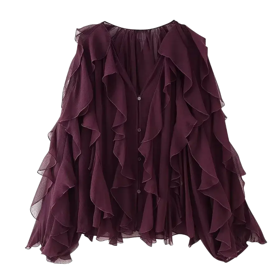 A flowing deep burgundy long sleeve chiffon blouse with layered ruffles on sleeves and front ruffle shirt long style