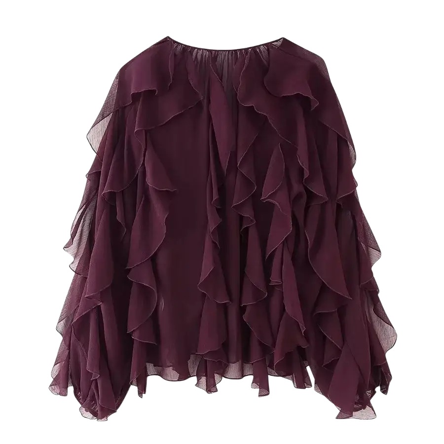 A flowing deep burgundy chiffon ruffle shirt long sleeve blouse with cascading ruffles and gathered neckline