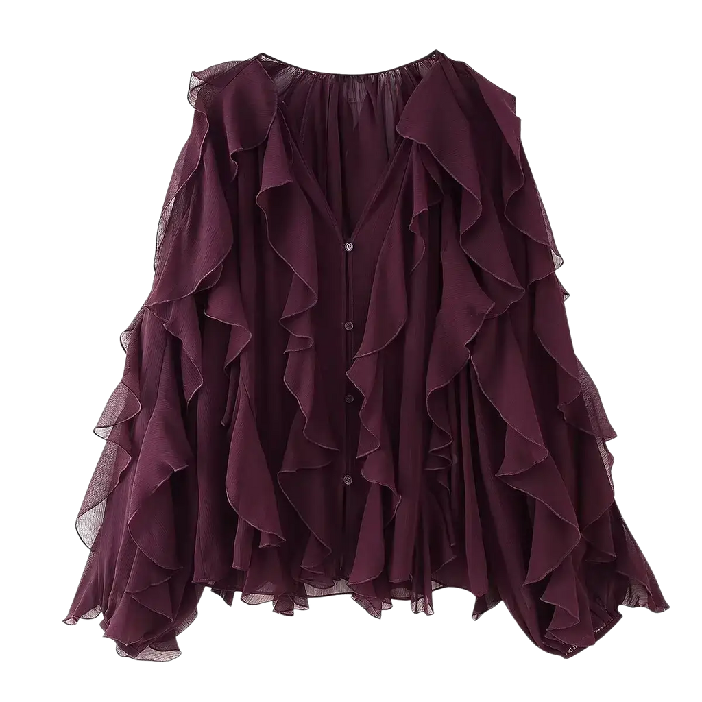 A flowing deep burgundy chiffon ruffle shirt long sleeve blouse with layered ruffles cascading from shoulders and front