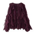 A flowing deep burgundy chiffon ruffle shirt long sleeve blouse with layered ruffles cascading from shoulders and front