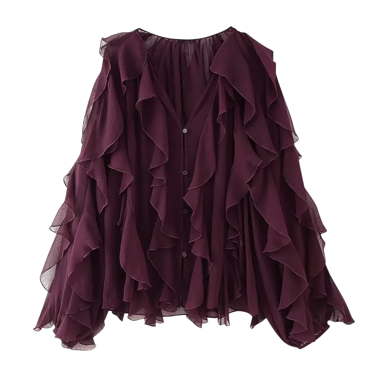 A flowing deep burgundy chiffon ruffle shirt long sleeve blouse with layered ruffles cascading from shoulders and front