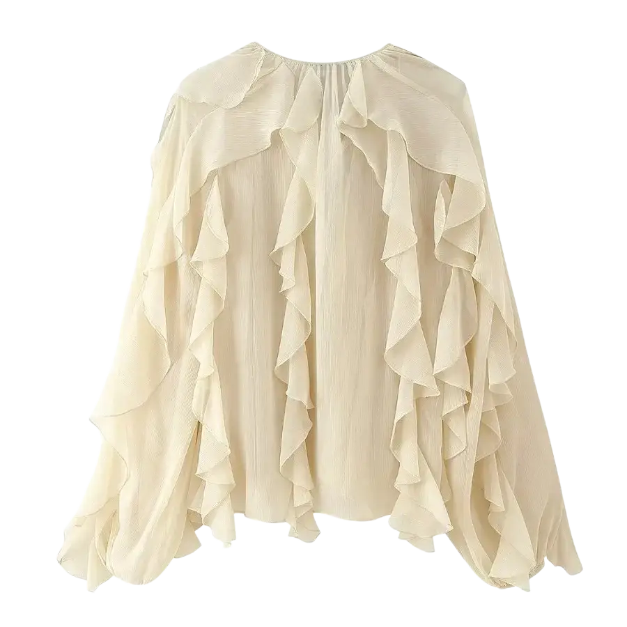 Off-white chiffon long sleeve ruffle shirt long blouse with cascading ruffled layers and gathered neckline