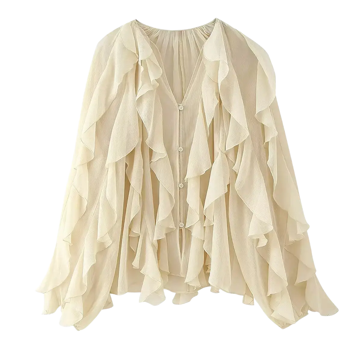 Off-white long sleeve ruffle shirt long chiffon blouse with layered ruffles v-neckline and button closure