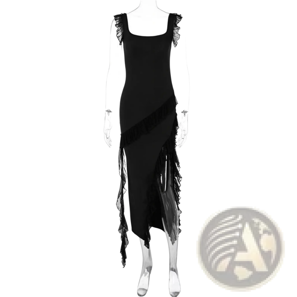 Black sleeveless ruffle strap backless high split evening dress with asymmetrical fringe detailing along the side