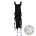 Black sleeveless ruffle strap backless high split evening dress with asymmetrical fringe detailing along the side