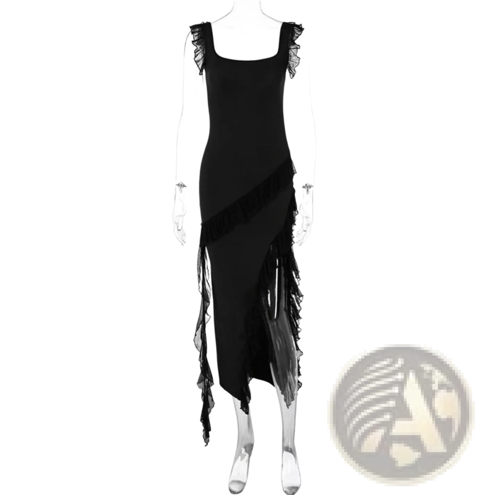 Black sleeveless ruffle strap backless high split evening dress with asymmetrical fringe detailing along the side