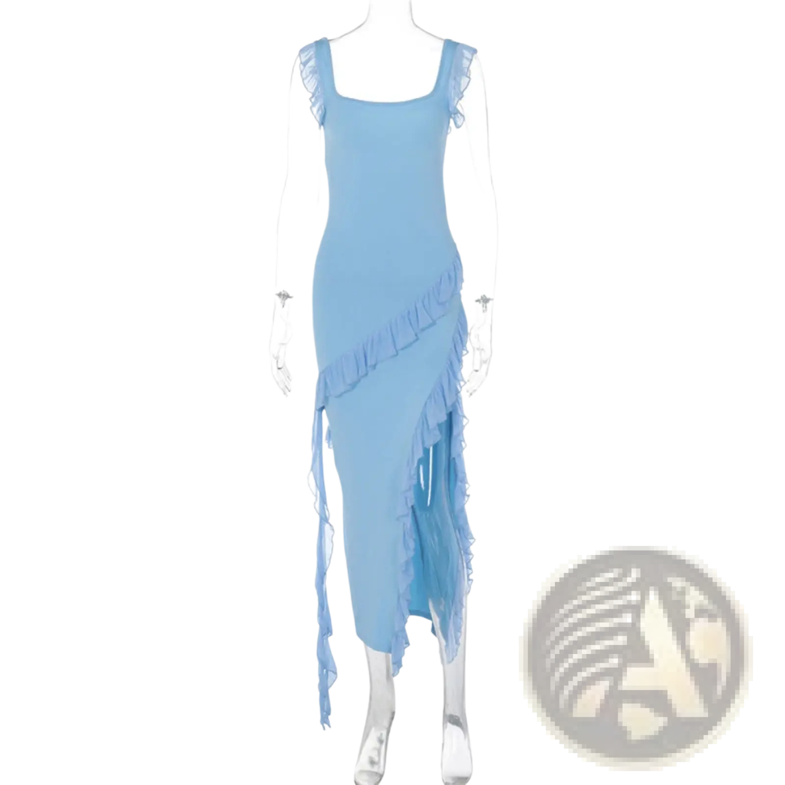 A light blue sleeveless ruffle strap backless evening dress with cascading ruffled layers and a high split design