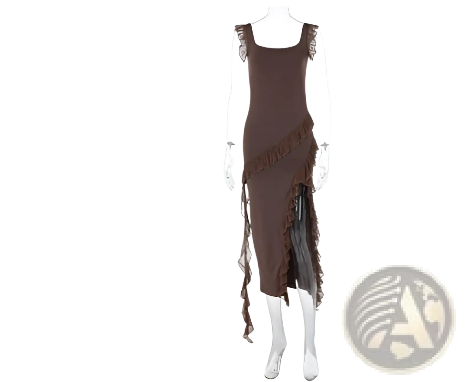 A brown sleeveless ruffle strap backless evening dress with a square neckline and high split detailing