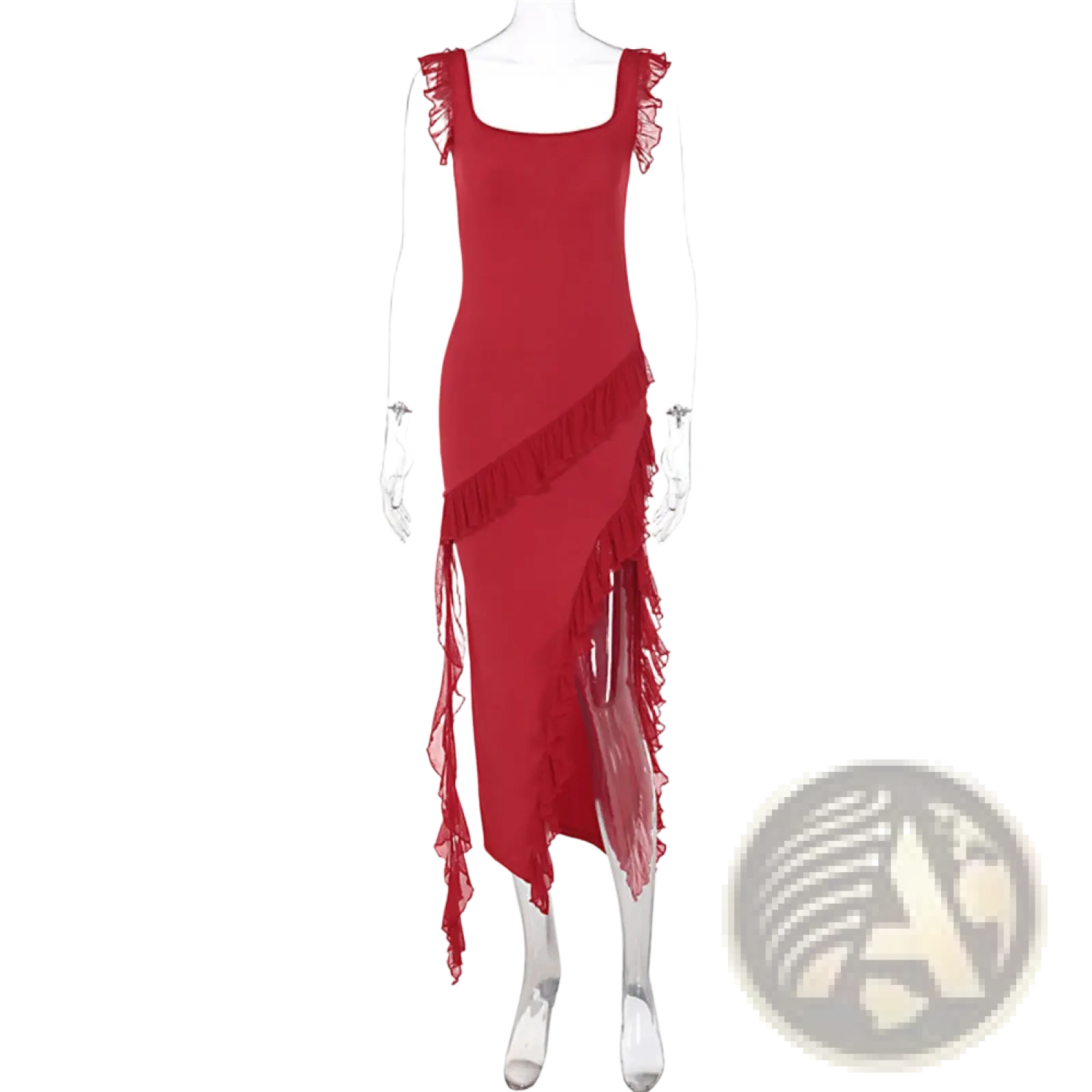 A vibrant red sleeveless ruffle strap backless high split evening dress with asymmetrical fringed detailing