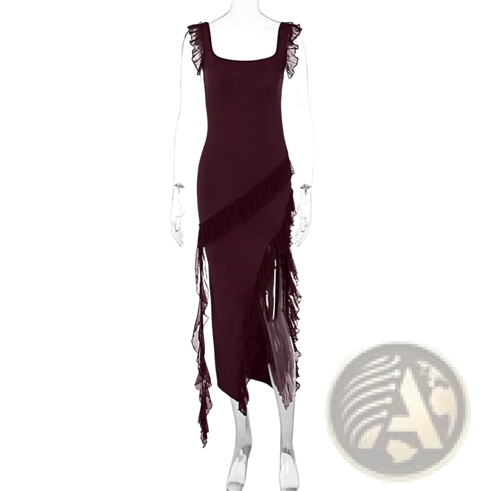 A dark burgundy sleeveless ruffle strap backless high split evening dress with sheer fabric accents on shoulders and side