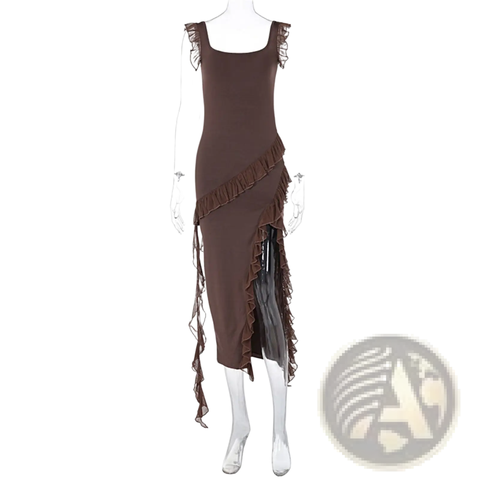 A brown sleeveless ruffle strap backless evening dress with ruffled shoulders and asymmetrical hemline