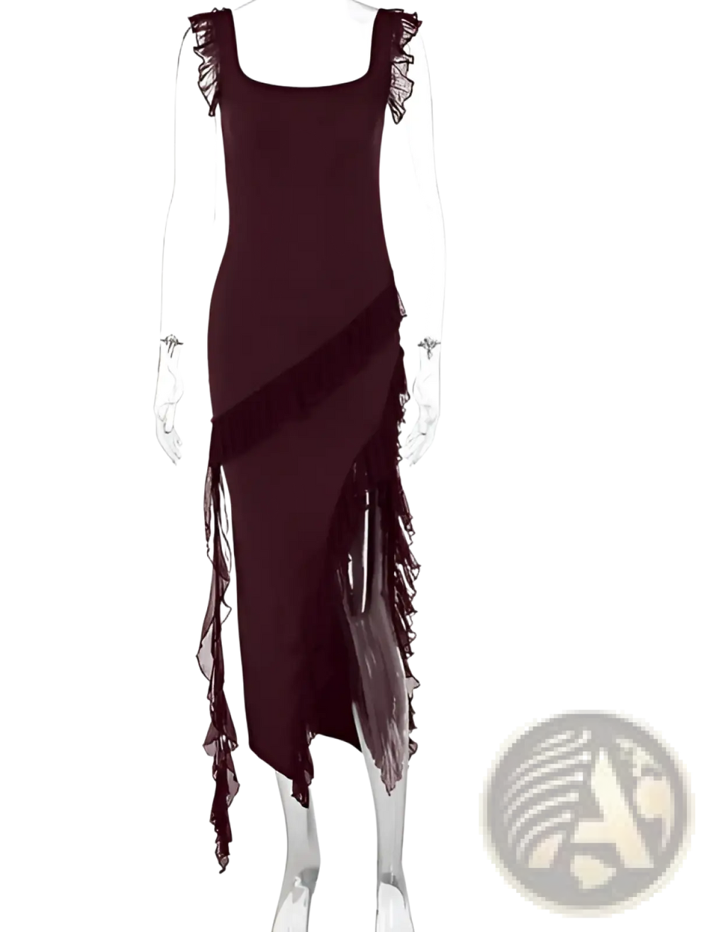 Dark burgundy sleeveless ruffle strap backless evening dress with lace trim and asymmetrical fringe side detail