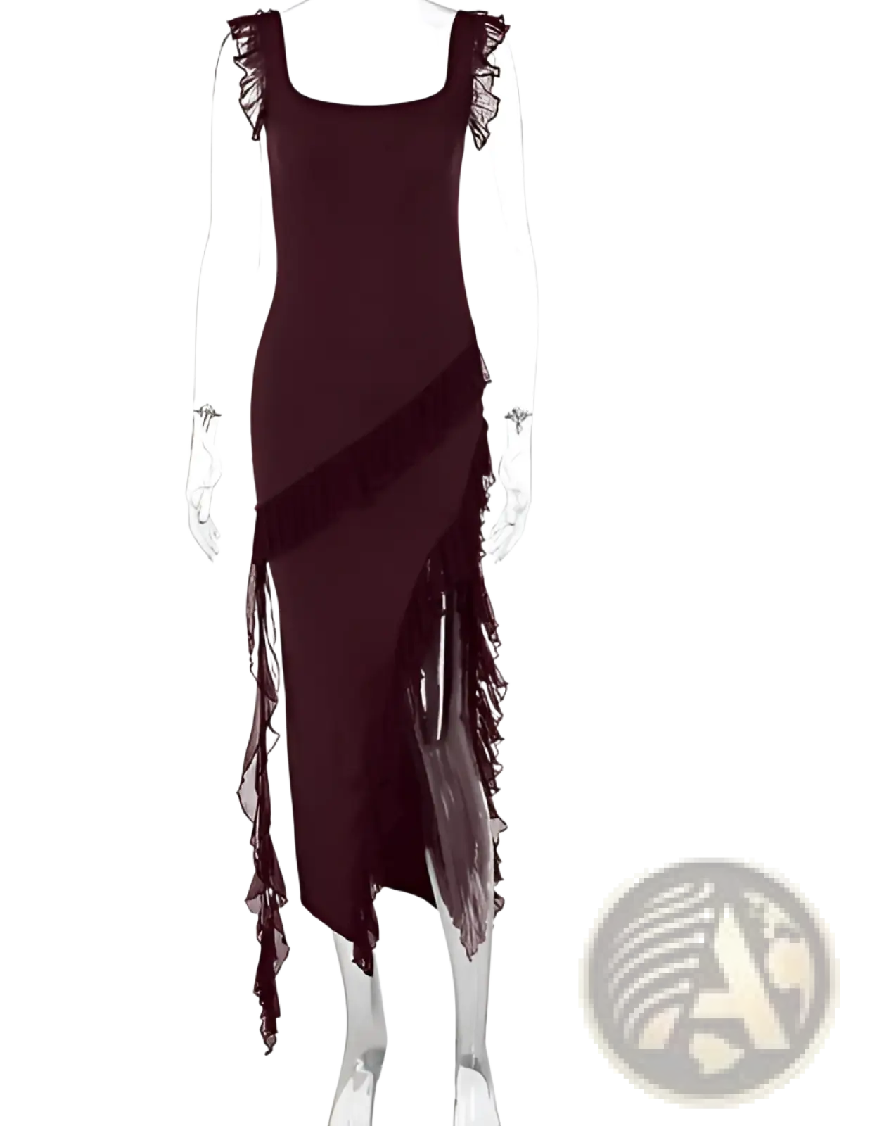 Dark burgundy sleeveless ruffle strap backless evening dress with lace trim and asymmetrical fringe side detail