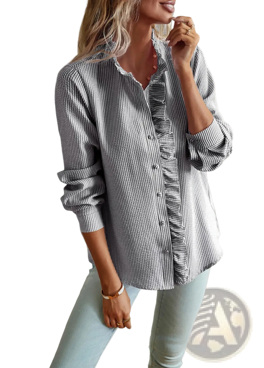 Gray and white vertically striped ruffle trim textured long sleeve button up blouse with a ruffled front panel