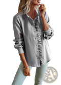 Gray and white vertically striped ruffle trim textured long sleeve button up blouse with a ruffled front panel
