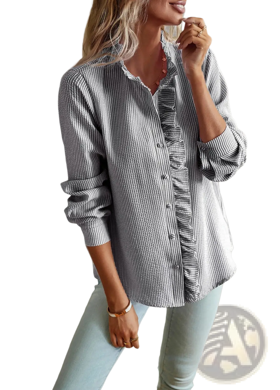 Gray and white vertically striped ruffle trim textured long sleeve button up blouse with a ruffled front panel