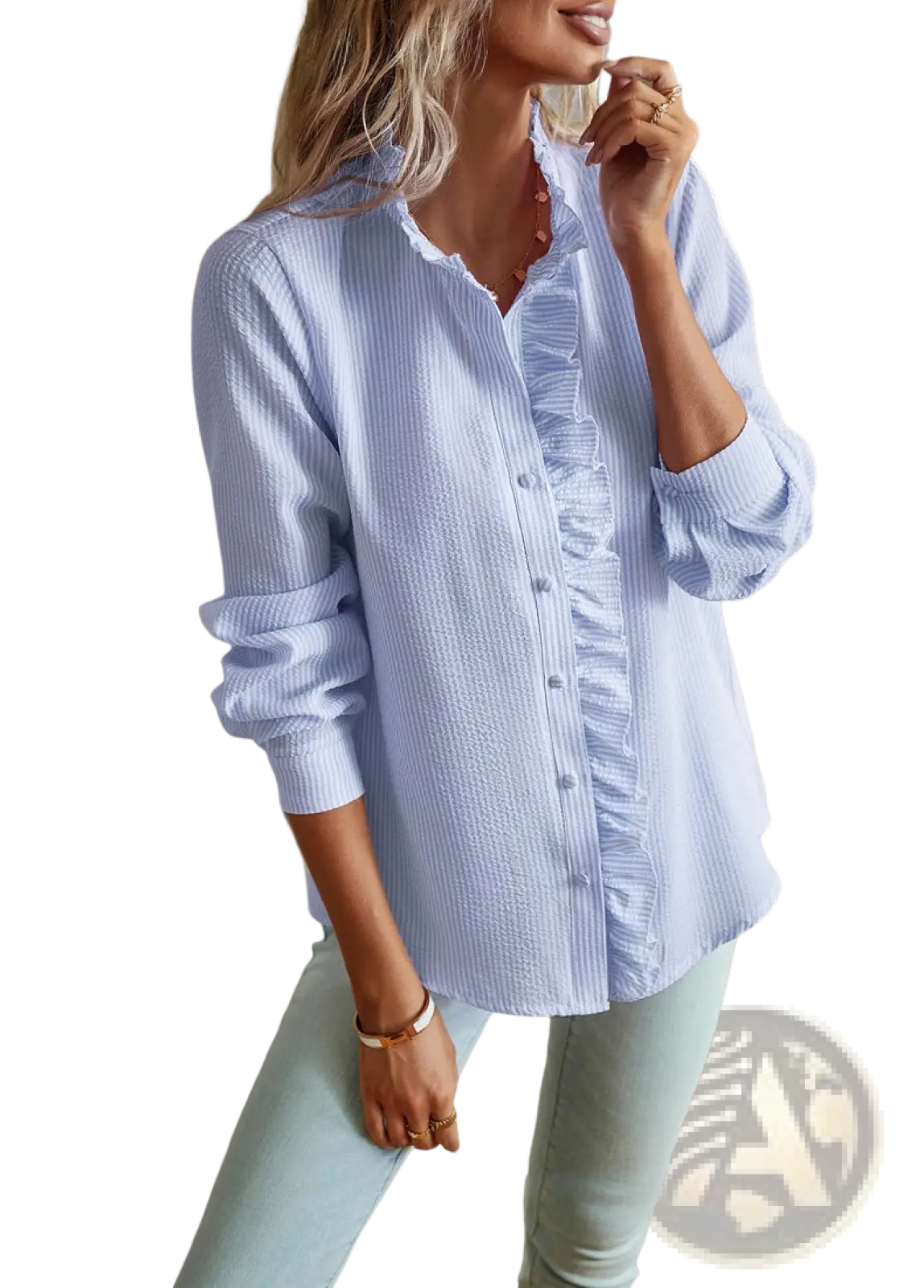 Light blue and white textured cotton blouse with vertical stripes and ruffle trim on the front placket