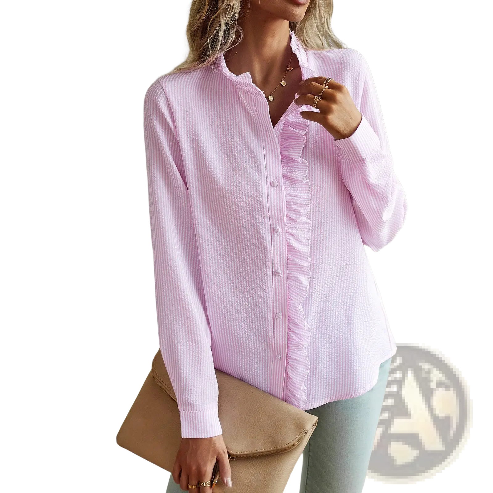 A soft pink and white vertically striped ruffle trim textured long sleeve button up blouse with ruffled front placket