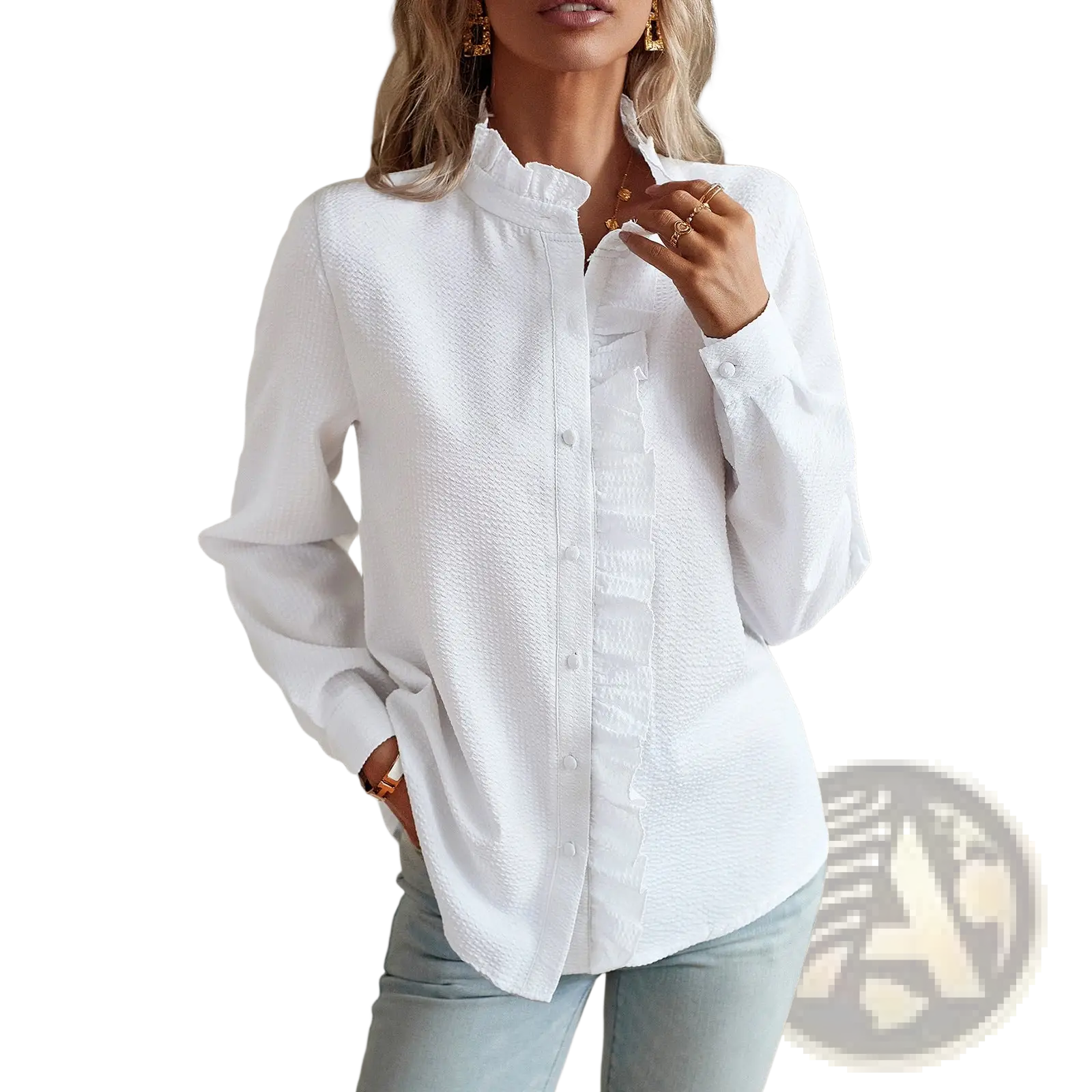 White textured long sleeve blouse with ruffle trim detailing along the front placket and collar for a polished look