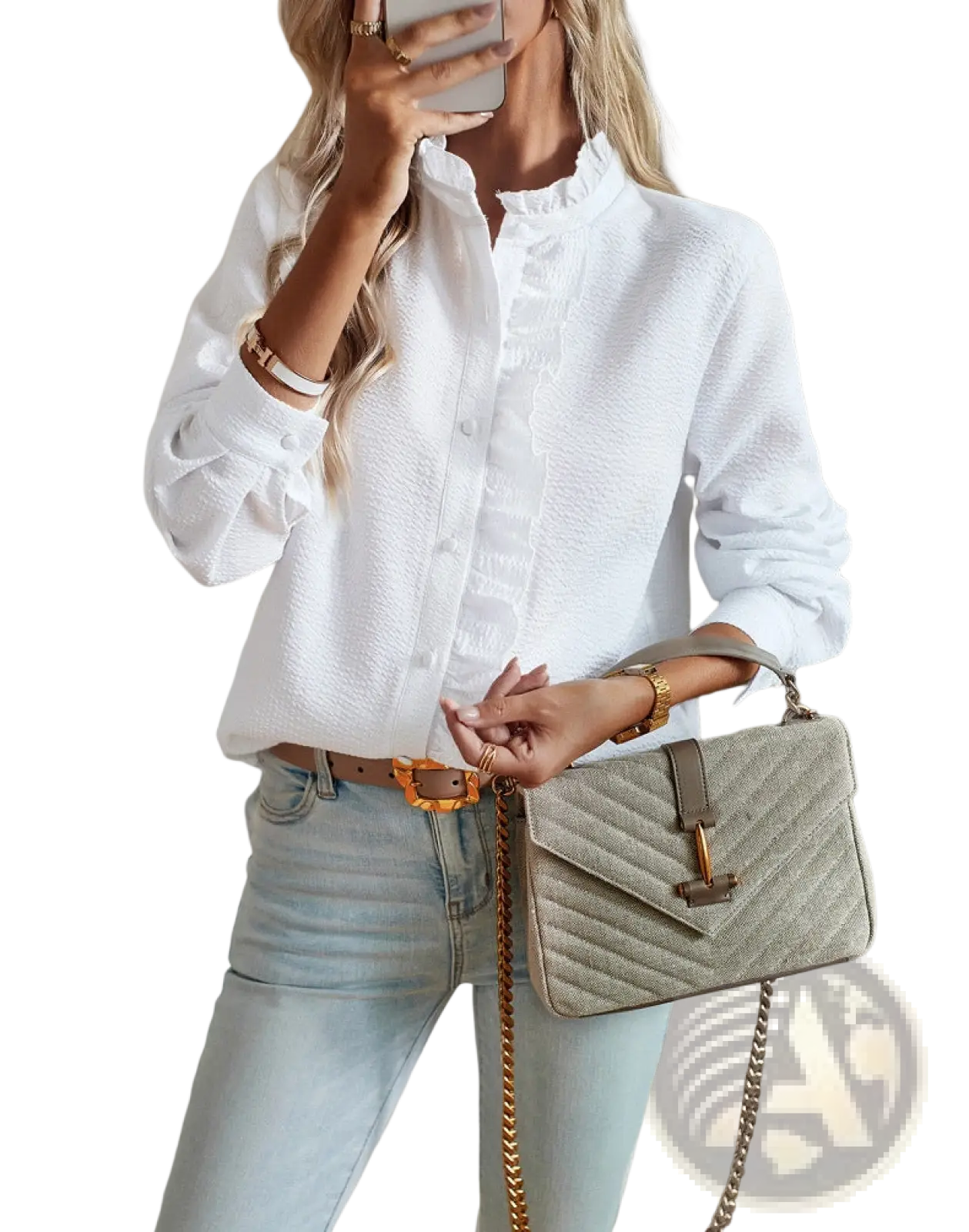 A taupe quilted handbag with gold-tone chain strap and v-shaped flap closure paired with a ruffle trim textured blouse