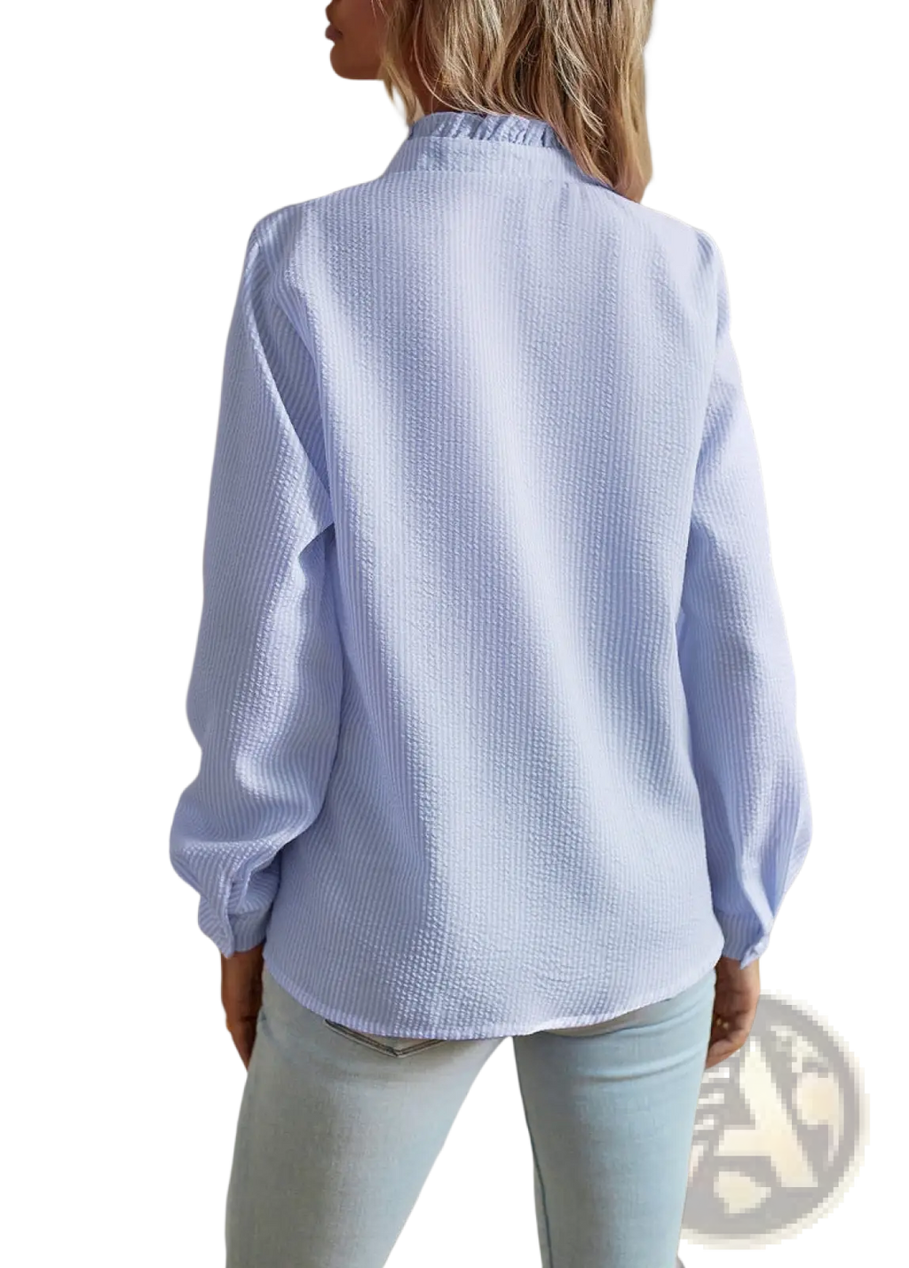 Light blue ruffle trim textured long sleeve button up blouse with subtle weave and classic collar for formal wear