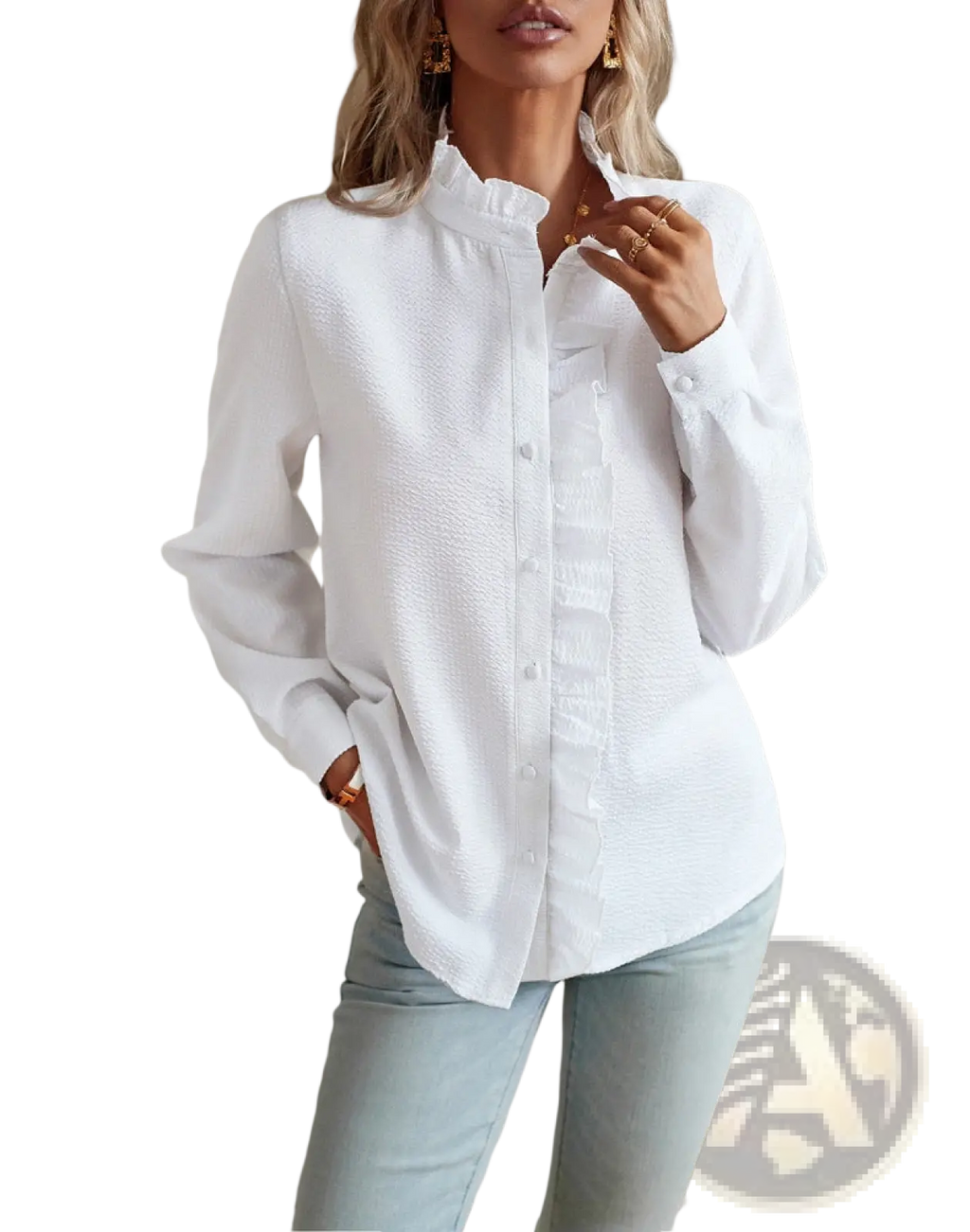 White textured long sleeve button up blouse with ruffle trim on collar and cuffs for elegant wear