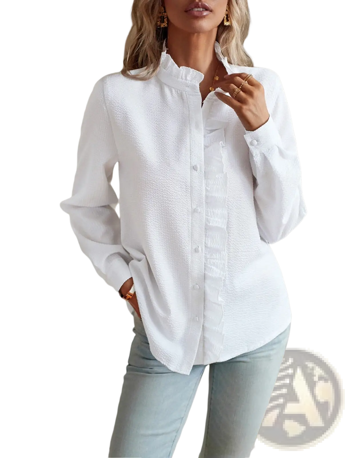 White textured long sleeve button up blouse with ruffle trim on collar and cuffs for elegant wear