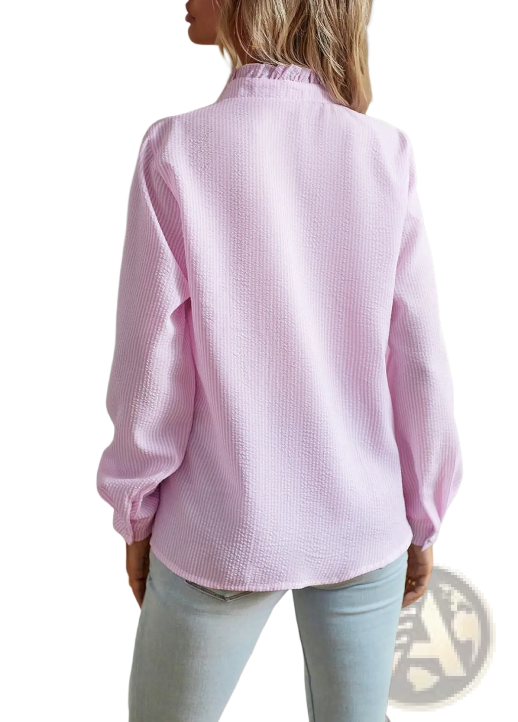 A soft pink ruffle trim textured long sleeve button up blouse with subtle vertical ribbed texture and gathered collar