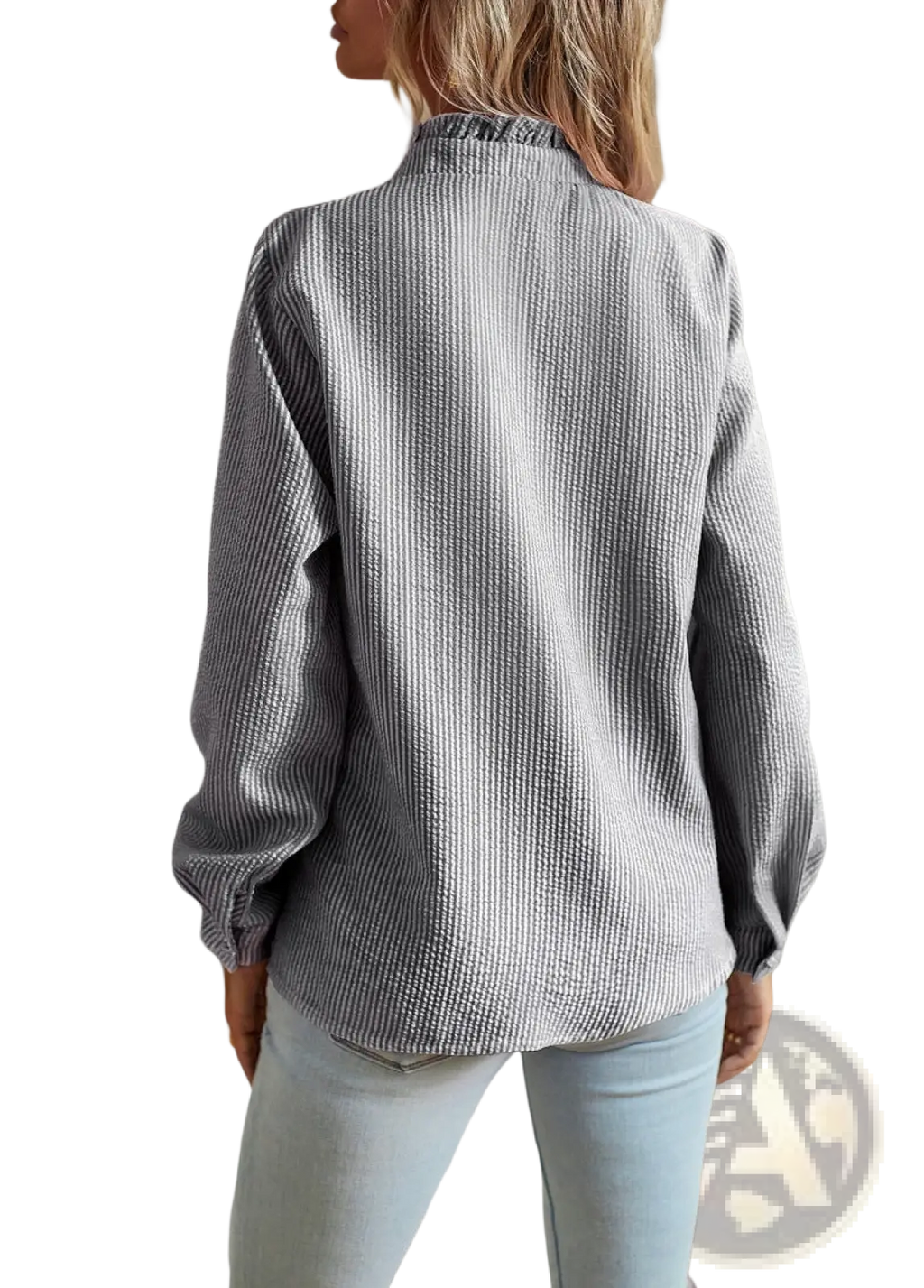 Gray ribbed cotton ruffle trim textured long sleeve button up blouse with a classic collar and subtle pattern