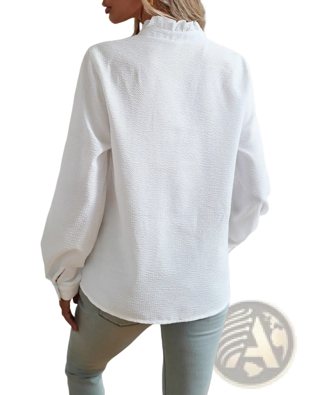 White textured long sleeve blouse with ruffle trim collar and button up front for elegant wear