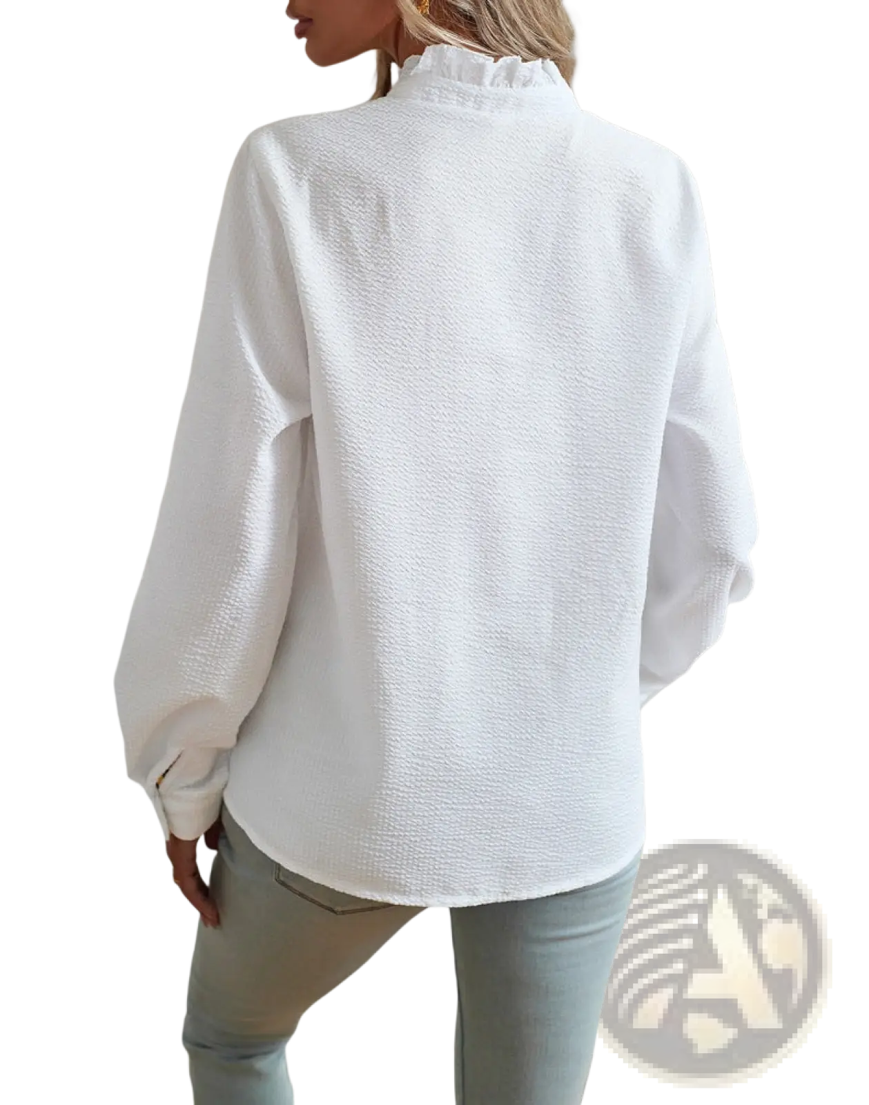 White textured long sleeve blouse with ruffle trim collar and button up front for elegant wear