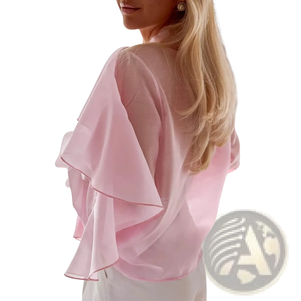 A delicate pink sheer ruffled chiffon blouse with layered long sleeves for casual wear