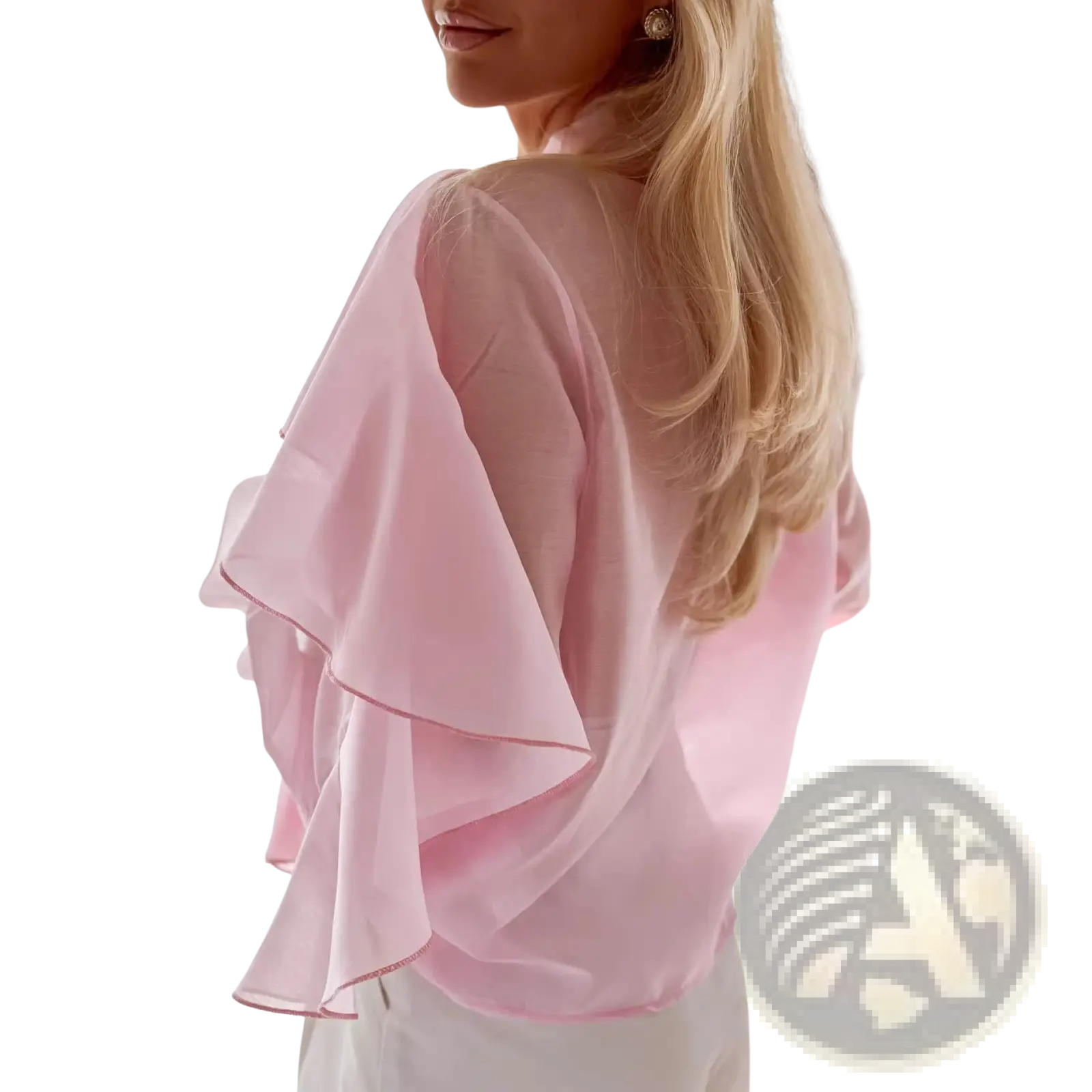 A delicate pink sheer ruffled chiffon blouse with layered long sleeves for casual wear