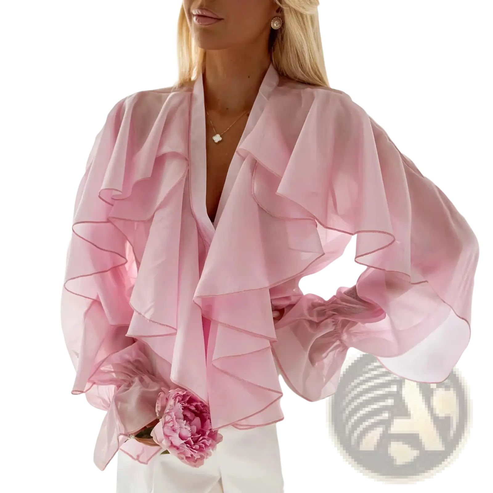 A delicate pink ruffled chiffon blouse with sheer long sleeves and a soft feminine design for casual wear