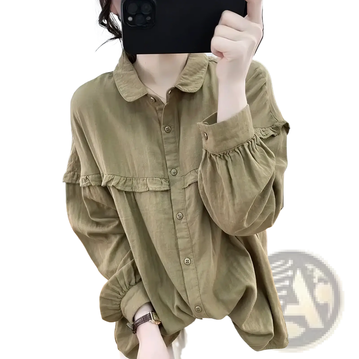 Olive green ruffled cotton linen blouse for women with tiered chest detail and ruffled cuffs