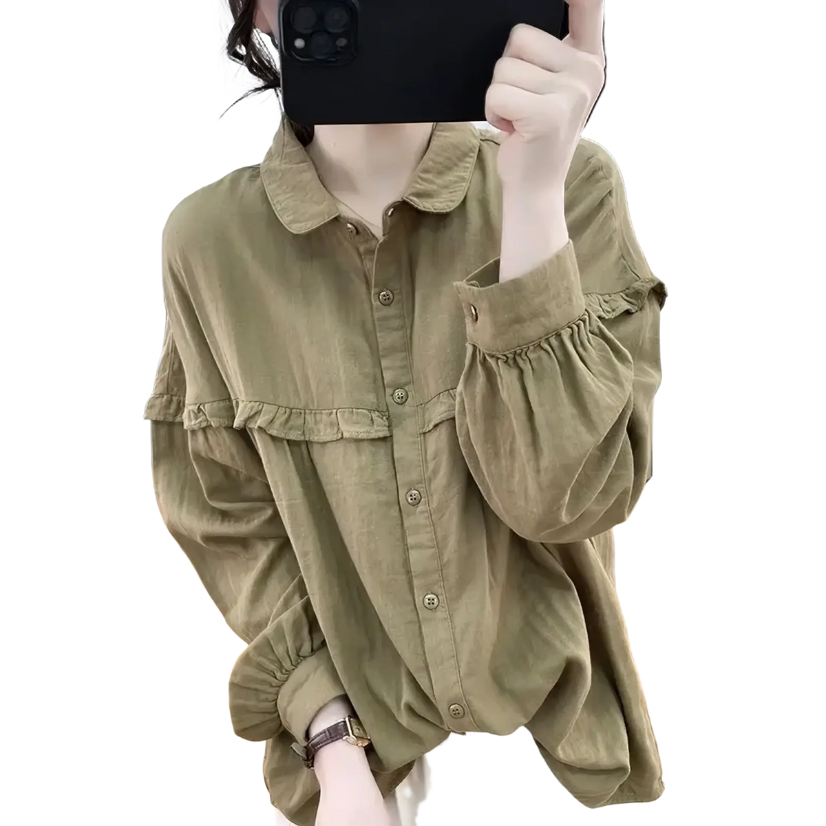 Olive green ruffled cotton linen blouse for women with tiered chest detail and ruffled cuffs