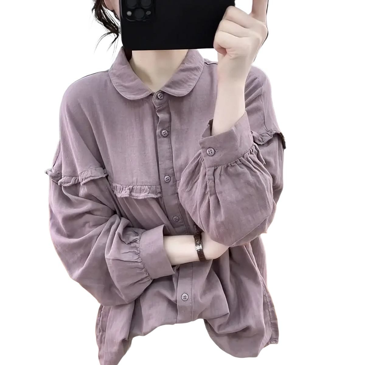 A soft lavender ruffled cotton linen blouse for women with long sleeves peter pan collar and ruffled cuffs