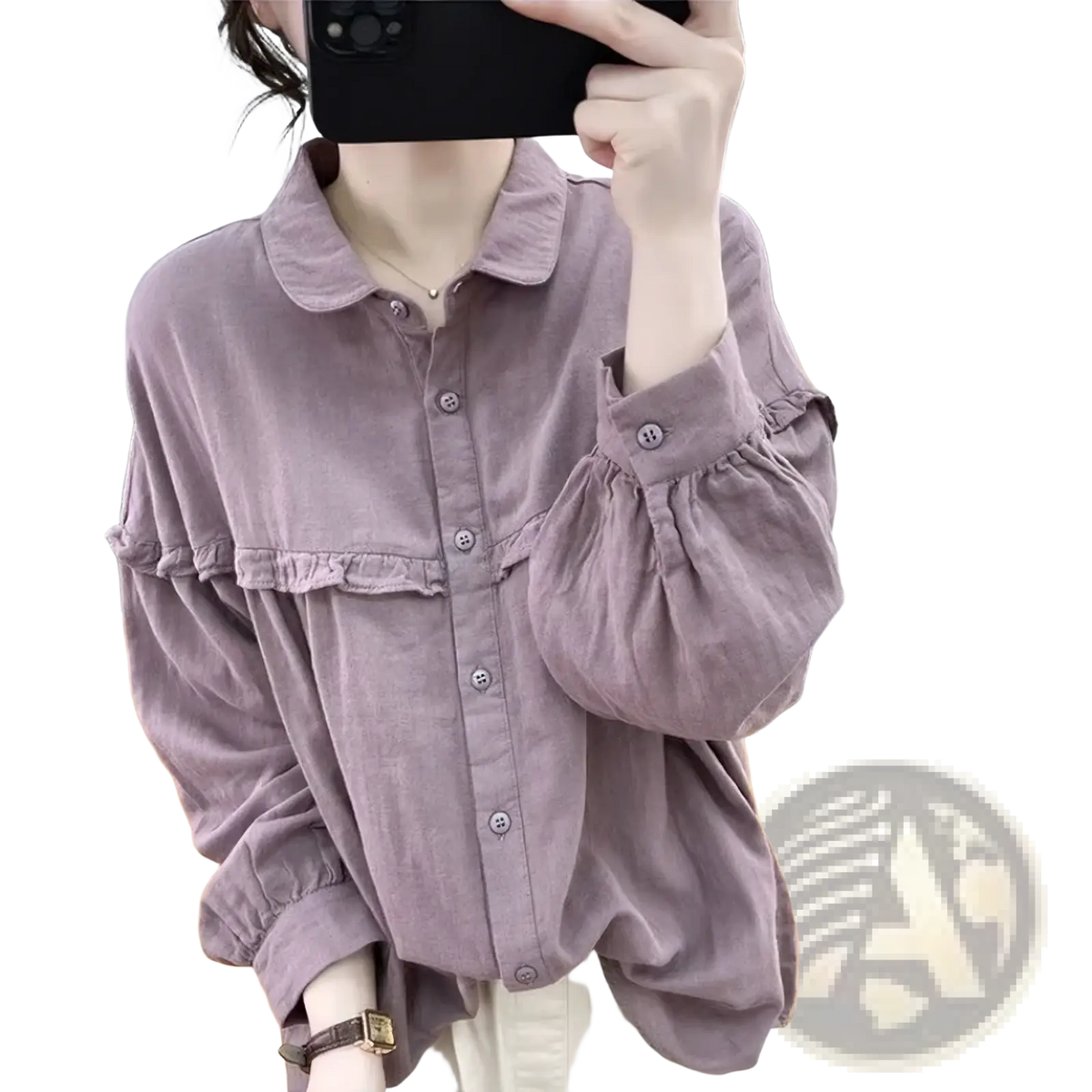 A soft lavender ruffled cotton linen blouse for women with long sleeves, button-up front, and layered design